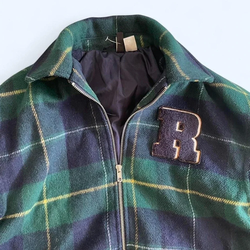 Green navy plaid bomber jacket with R initial size XXS‎